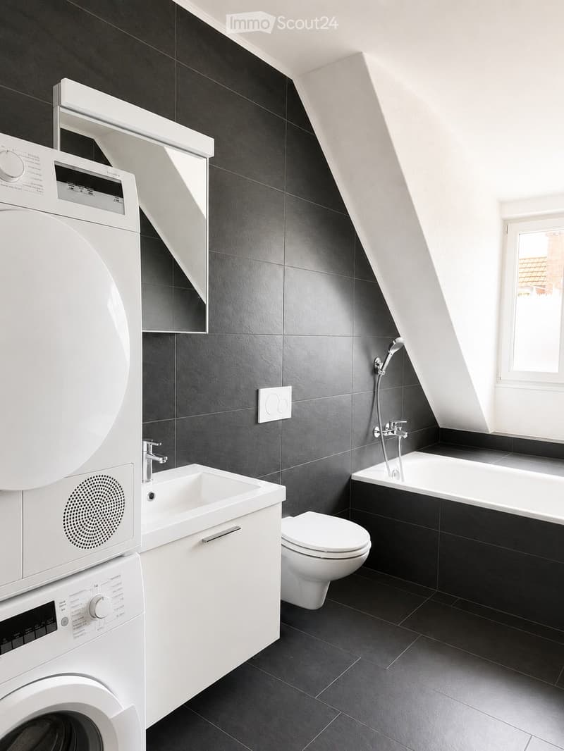 Modern bathroom with dark grey tiles, white fixtures, and a built-in washing machine and dishwasher unit.