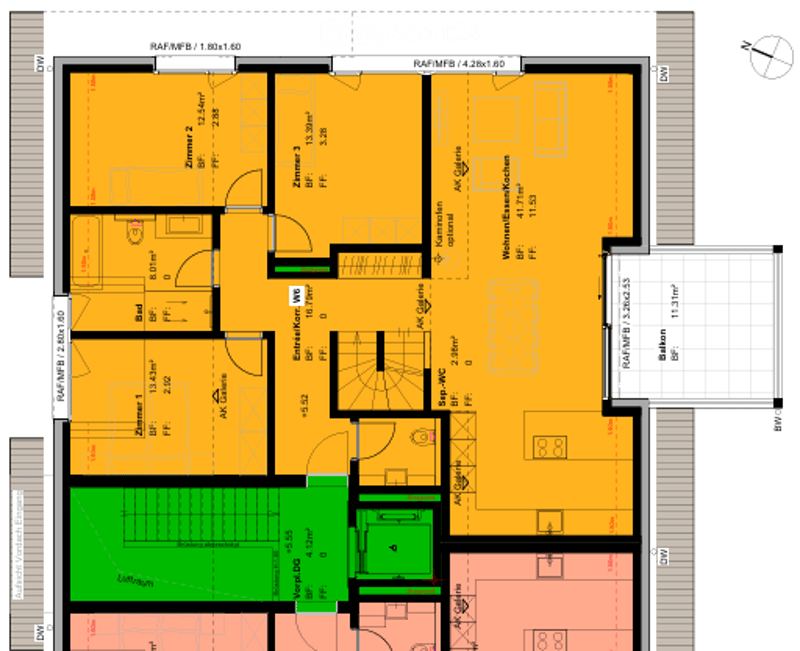 Floor plan of a multi-room residential space including living room, dining area, kitchen, bedrooms, bathrooms, and hallway.