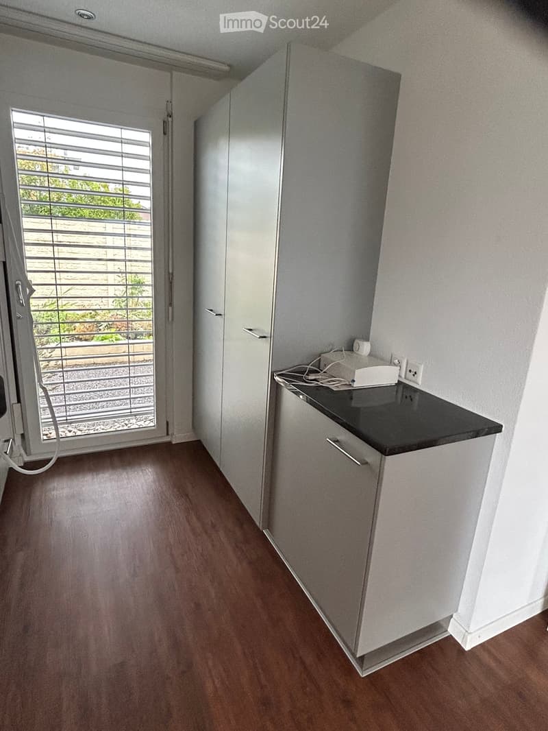 Empty room with wooden flooring, white walls, a small black countertop with a cabinet, and a sliding glass door leading to an outdoor area.