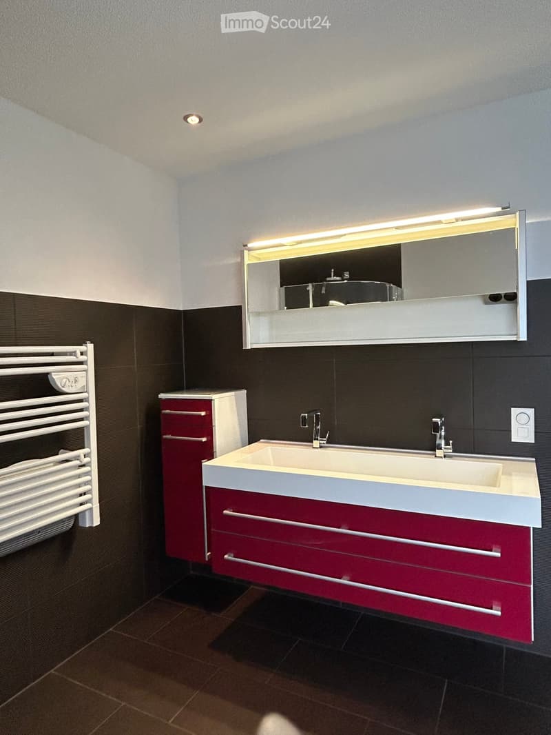 Modern bathroom with a double sink, red cabinet, mirror with built-in lighting, and a white radiator on the wall.