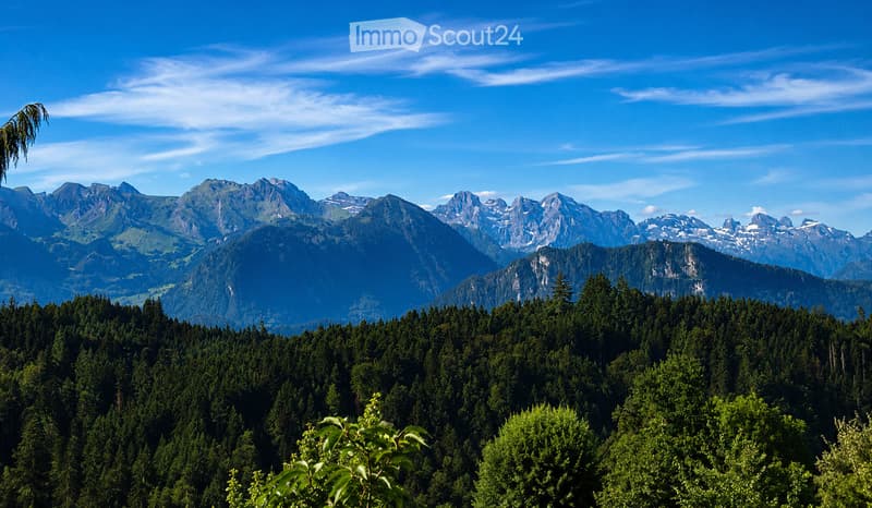 A panoramic view of a mountain range with snow-capped peaks and dense forest in the foreground under a clear blue sky.