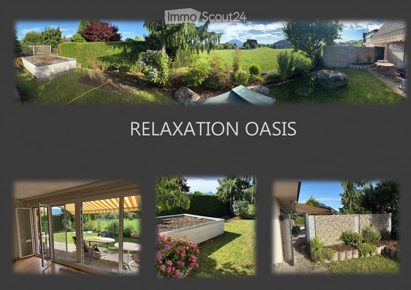 A collage of outdoor spaces featuring well-maintained gardens, patios, and seating areas with tables and chairs, surrounded by greenery and scenic views.