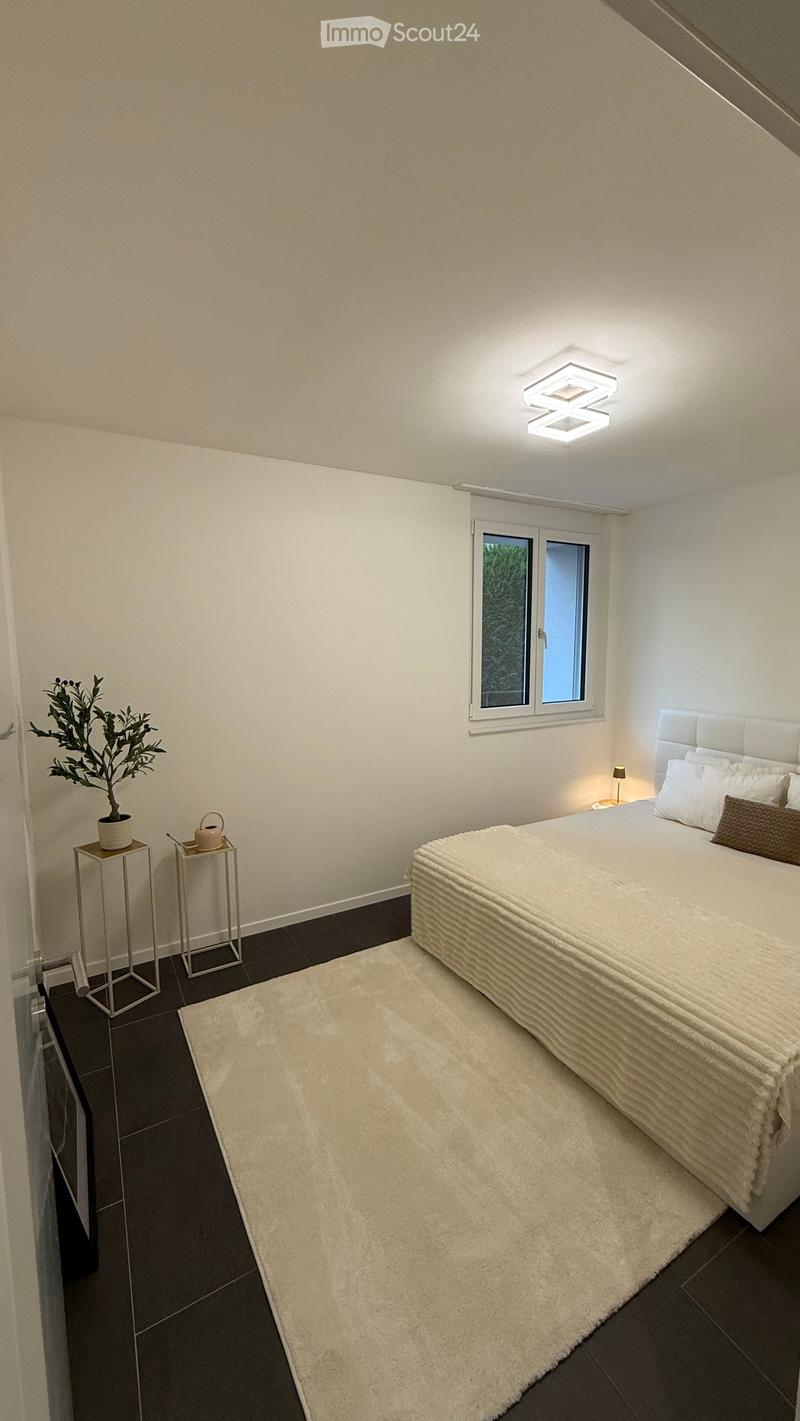 Modern bedroom with a large bed, white bedding, nightstand with a lamp, side table with a teapot, and a potted plant near the window.