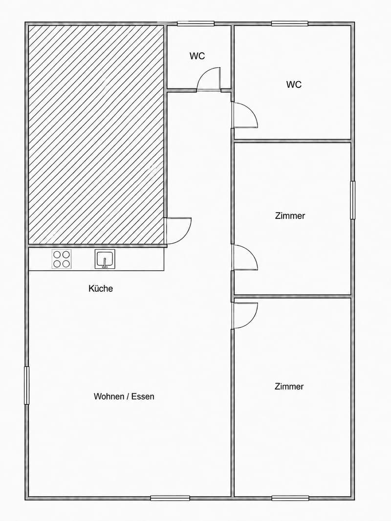 Floor plan showing a kitchen, living/dining area, two bedrooms, and two bathrooms.