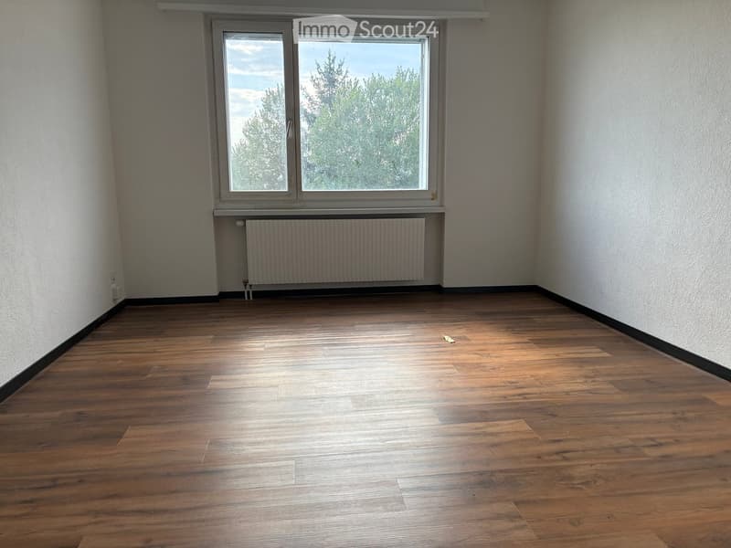 Empty room with wooden flooring, white walls, and a large window with a radiator below it.