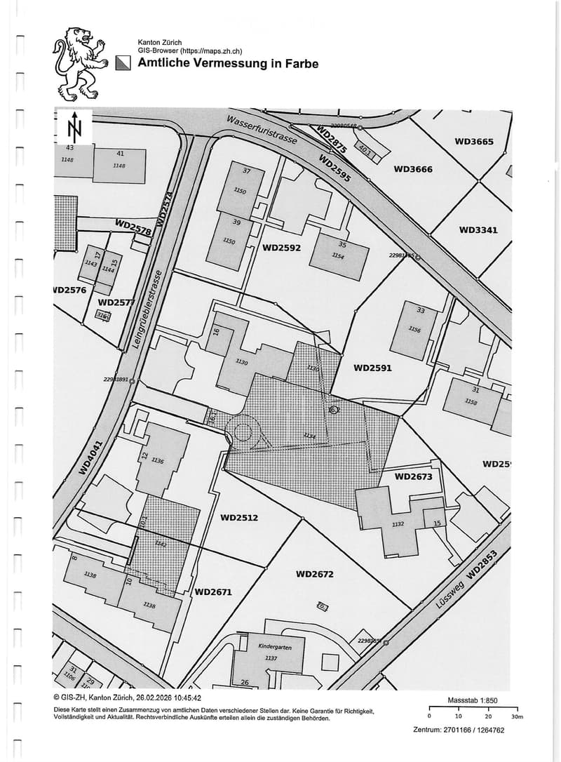 Official color survey map of a residential area in Zurich, showing property boundaries, street names, and plot numbers.