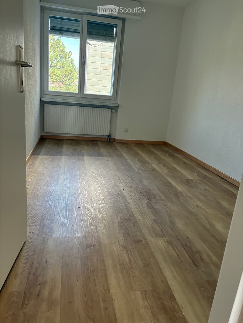 Empty room with light wooden flooring, white walls, a window with blinds, and a radiator below it.