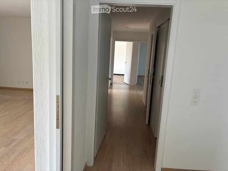 Empty hallway with wooden flooring, white walls, and multiple doors leading to other rooms.