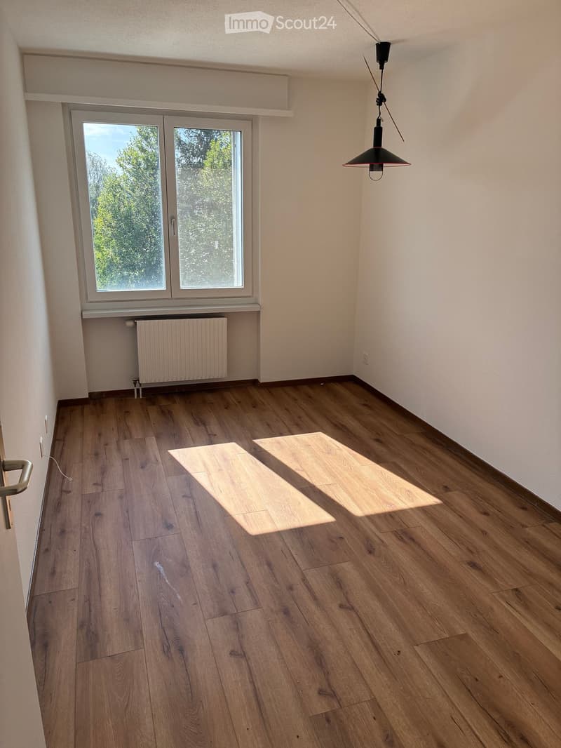 Empty room with wooden flooring, white walls, large window with double doors, radiator, and a hanging light fixture.