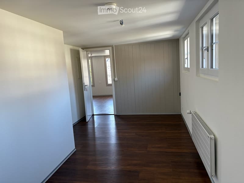 Empty room with white walls, wooden floor, and a door leading to another room. There are two windows on the right side and a radiator on the right wall.