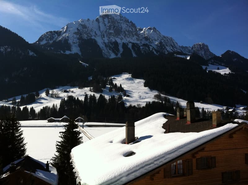 House with snow on the roof, mountainous landscape with trees and snowy mountains