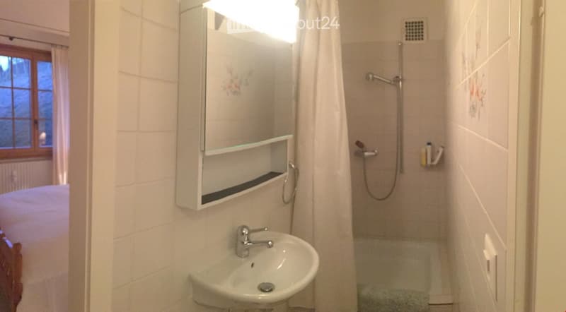 small bathroom with shower, sink, and white tiles