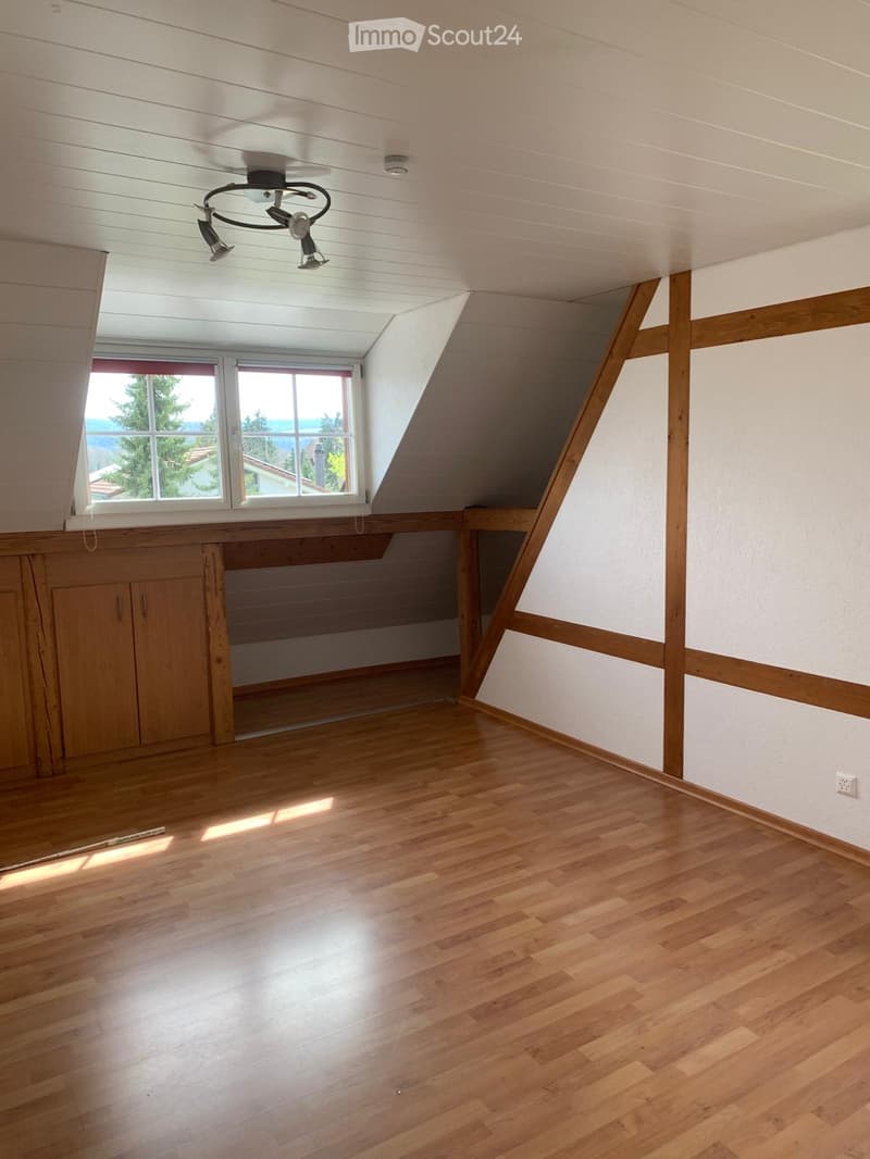 Empty attic room with wooden flooring, white walls, and a skylight window offering a view of trees and a house outside. The room features exposed wooden beams and a small built-in cabinet.