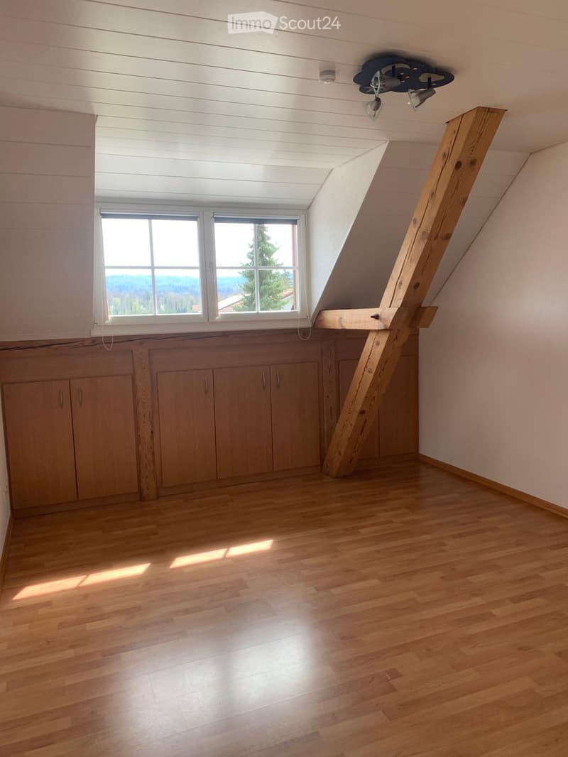 Empty attic room with wooden flooring, built-in wooden cabinets, skylight windows, and exposed wooden beams.