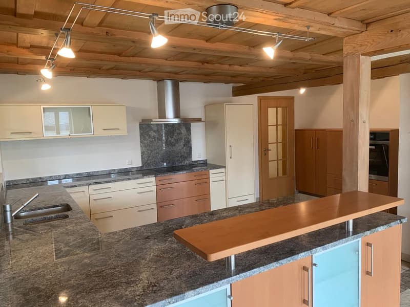 Modern kitchen with granite countertops, light wood cabinets, stainless steel sink, and built-in oven. Features a wooden island and track lighting.