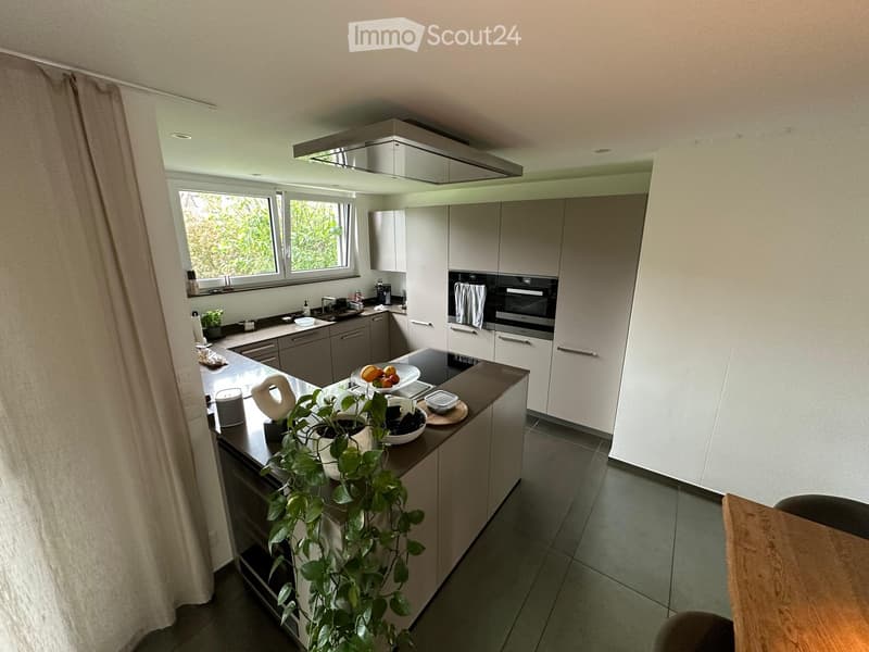 Modern kitchen with light grey cabinets, a central island, and a built-in oven. The counter holds a plant, a bowl of fruit, and other small items.