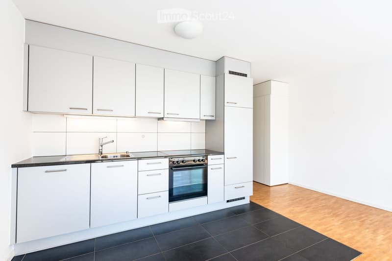 Modern kitchen with white cabinets, black countertop, stainless steel sink, and built-in oven.