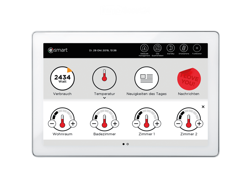 Smart home control interface showing energy consumption, temperature, and room controls for a living room, bathroom, and two additional rooms.