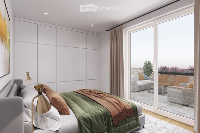 Modern bedroom with a grey bed, green bedding, and a large window overlooking a balcony area with outdoor furniture.