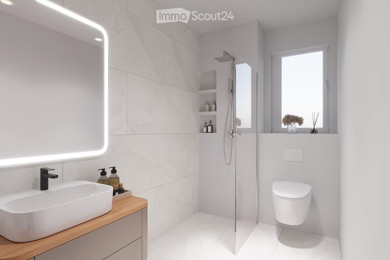 Modern bathroom with white marble tiles, a large sink with a sleek faucet, a toilet, a shower with a glass enclosure, and a window with decorative vases on the sill.