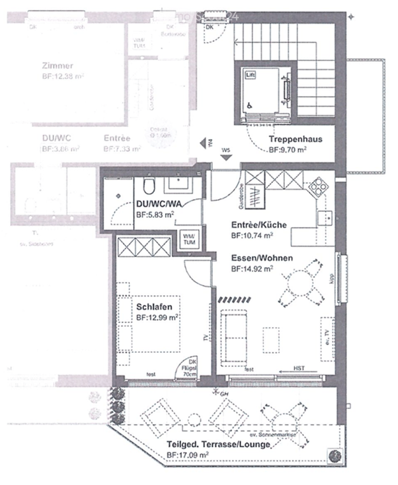 Floor plan of a multi-level house with living, dining, kitchen, bedrooms, bathrooms, staircase, and a terrace/lounge area.