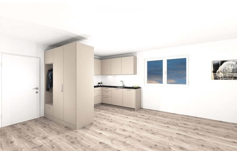 A modern, minimalist kitchen with light-colored cabinets, a sink, and a window view. The floor is made of light wood, and there is a picture frame on the wall.