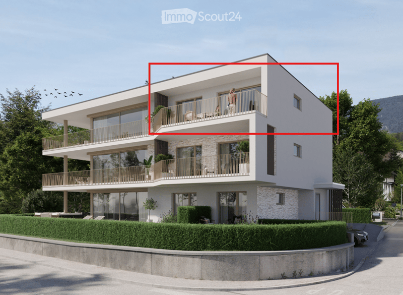 Modern two-story house with white exterior, large windows, multiple balconies, and a landscaped garden.