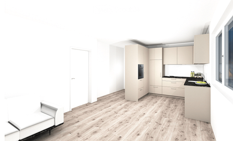 Modern kitchen with light-colored cabinets, wooden flooring, and built-in appliances including an oven and stove.