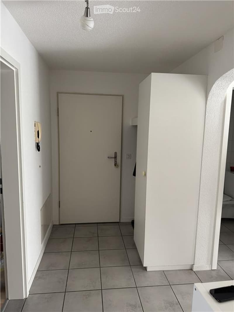 A narrow hallway with tiled flooring, white walls, and a closed door at the end. A light fixture hangs from the ceiling, and a small cabinet is visible on the right side.