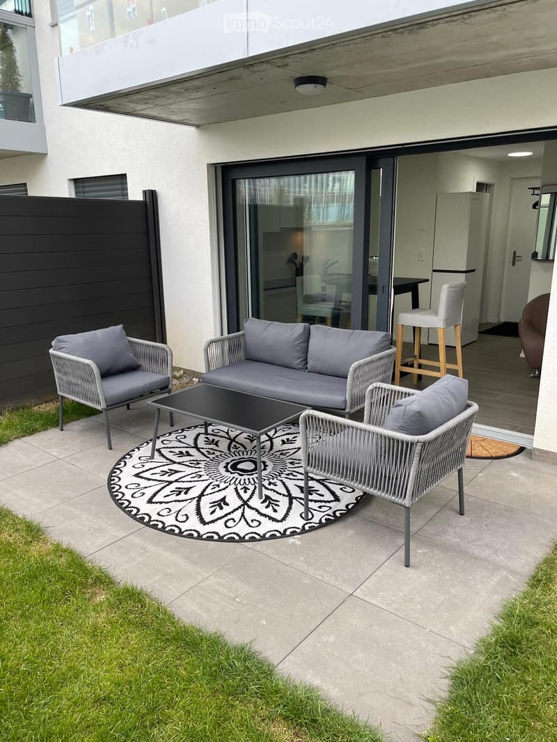 Patio area with outdoor furniture, black and white rug, potted plant.