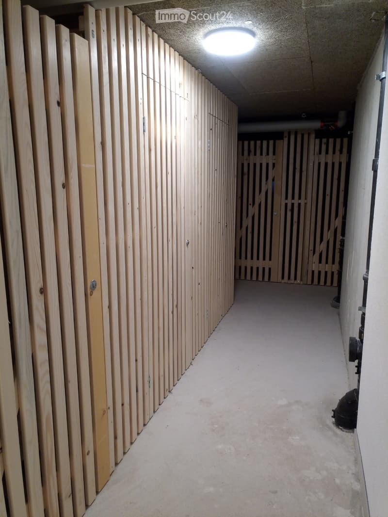 Row of wooden storage units, light on ceiling, open doorway to another room