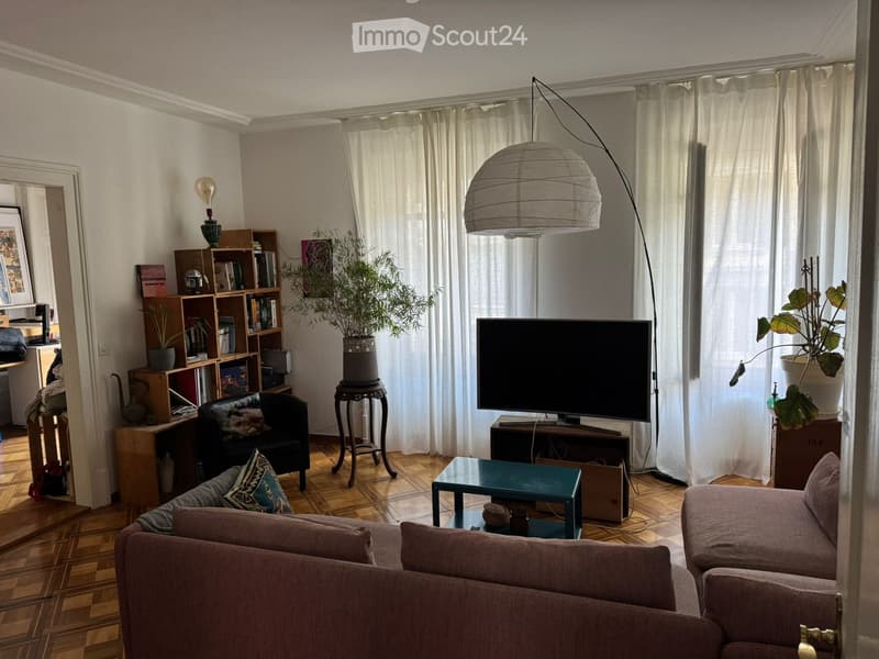 A modern living room with a large window covered by white curtains, a grey sofa, a coffee table, a television, a floor lamp, a bookshelf, and potted plants.