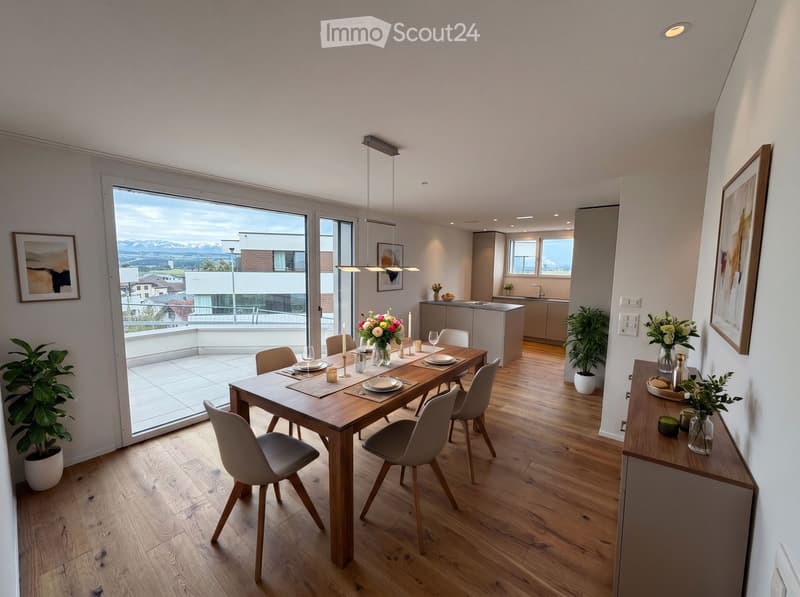 Open-plan dining and kitchen area with wooden flooring, a dining table set for six, modern chairs, and a sleek kitchen counter with a sink. Large windows offer a scenic view of the mountains.