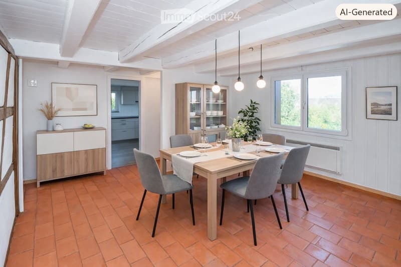 Dining room with a wooden dining table set for six, surrounded by grey chairs, a wooden sideboard, and a display cabinet. The room features exposed wooden beams on the ceiling, large windows, and a terracotta tiled floor.