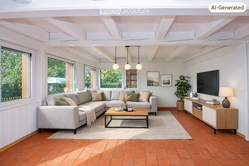 Modern living room with a grey sectional sofa, wooden coffee table, hanging pendant lights, large windows, and a television on a wooden stand.