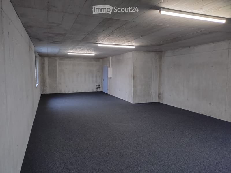 empty room, grey concrete walls, grey carpeted floor, three lights, white door
