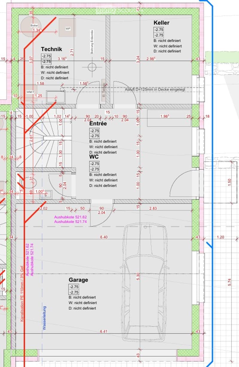 Floor plan showing entrance, garage, basement, and technical room with dimensions and labels.