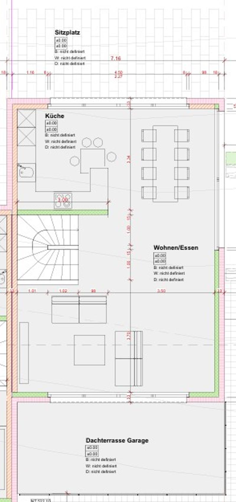 Floor plan of a house with a kitchen, living-dining area, and a garage. The kitchen includes a sink, stove, and refrigerator. The living-dining area has a circular seating arrangement. The garage is located on the lower level.