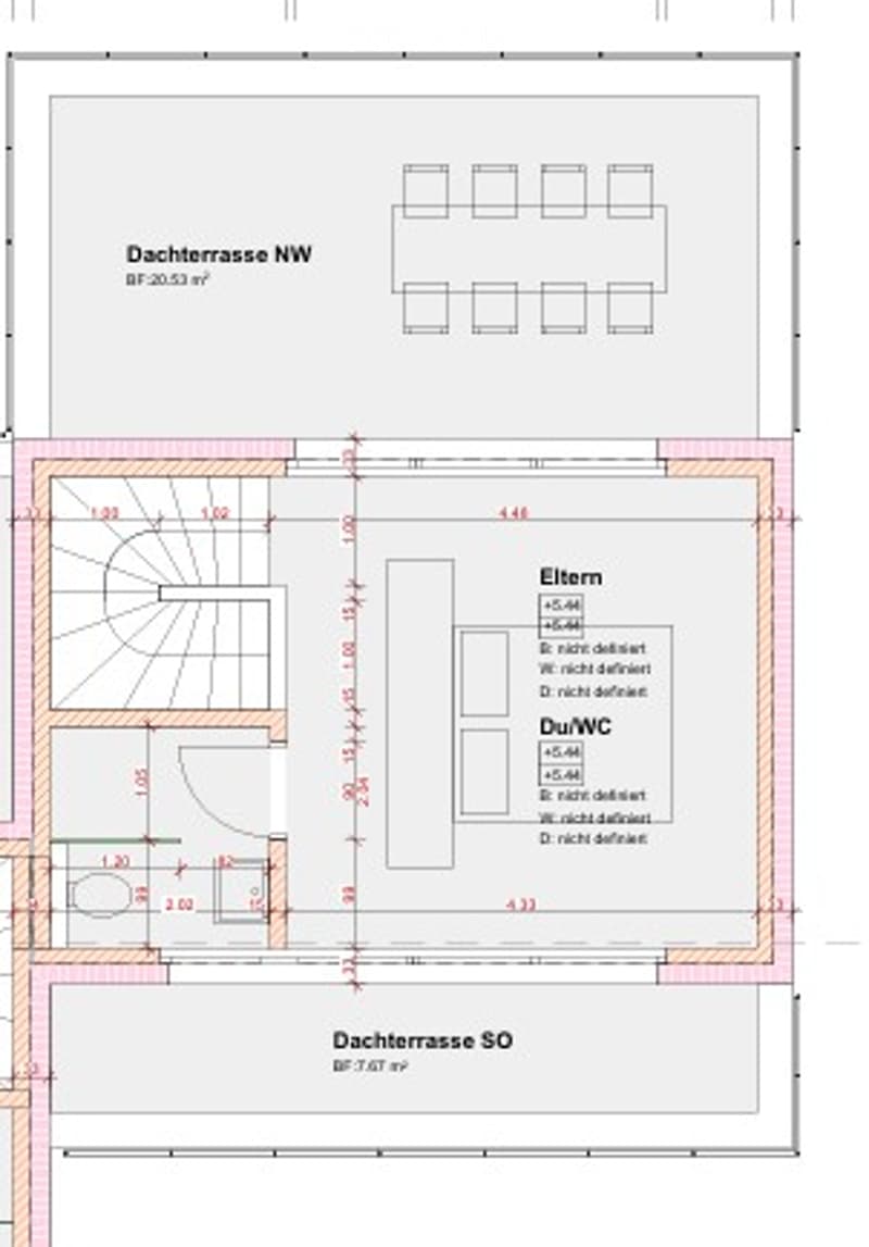 Floor plan of a residential building showing multiple rooms including a living room, kitchen, bedrooms, and bathrooms. The layout includes labeled areas such as 'Dachterasse NW' and 'Dachterasse SO' (roof terraces), and detailed room dimensions and labels