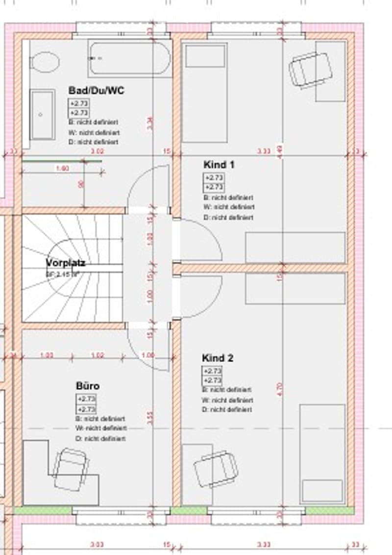 Floor plan showing a bathroom, two bedrooms, a living area, and an entrance area with dimensions and labels.