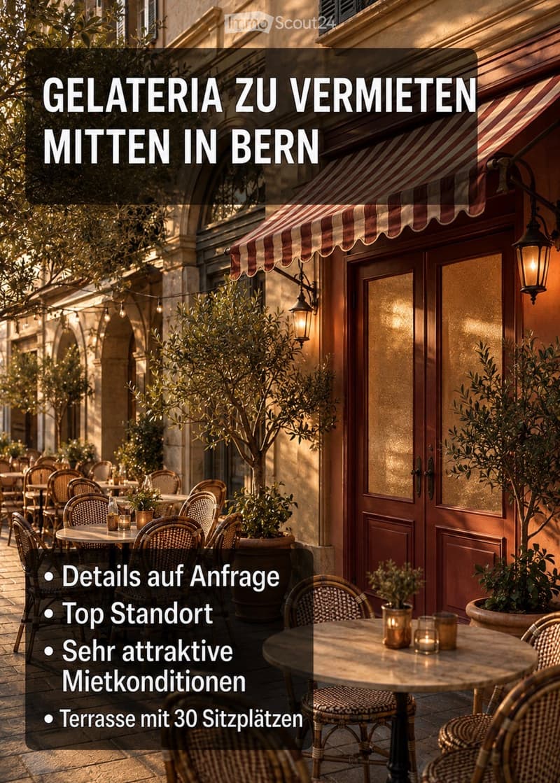 Outdoor seating area with tables, chairs, potted plants, and candles, featuring a striped awning and classic architecture.