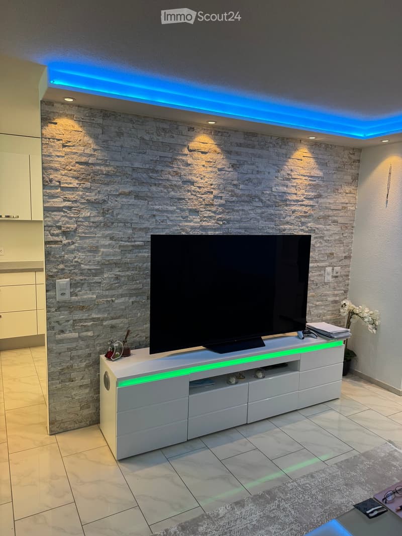 Modern living room with a large flat-screen TV on a white TV stand with LED lighting, stone accent wall, and decorative items on the stand.