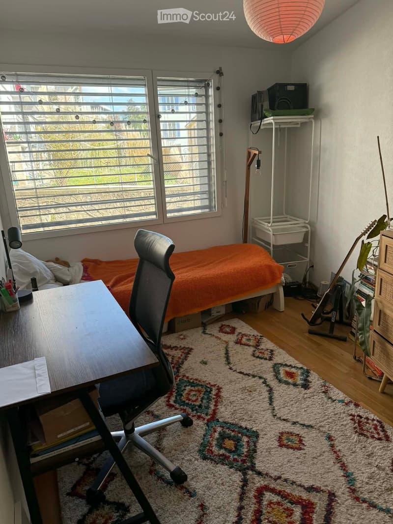 Cozy bedroom with a single bed, desk, chair, and guitar. Features a colorful rug, storage unit, and large window with blinds.