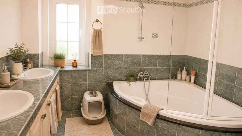Modern bathroom with marble tiles, double sink, bathtub, and cat litter box. Features include a large window, decorative plants, and neatly arranged toiletries.