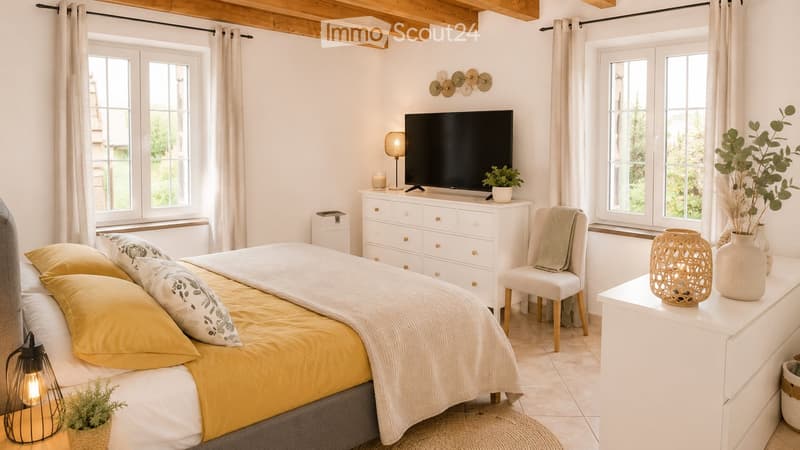 Bright bedroom with a large bed, yellow bedding, white nightstand, chair, television, and decorative items including vases and plants.
