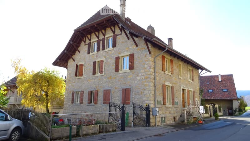 Large stone building with multiple windows, chimneys, black gate, fence, yellow tree, parked car