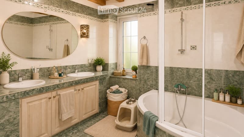 Modern bathroom with double sink vanity, large oval mirror, bathtub with shower, and a cat litter box. Green marble tiles, wooden cabinets, and decorative plants.