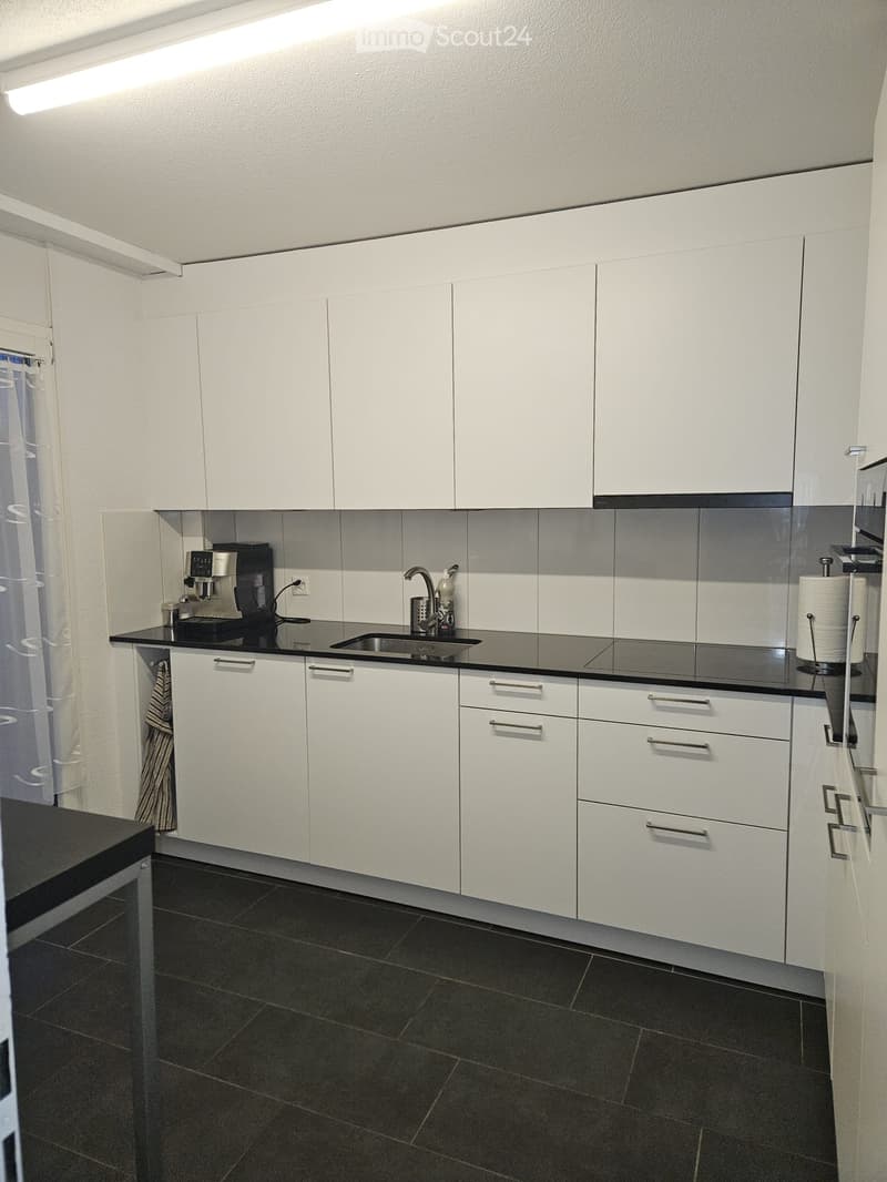 Modern kitchen with white cabinets, black countertops, and dark tiled flooring. Features a coffee maker, sink, and paper towel holder.