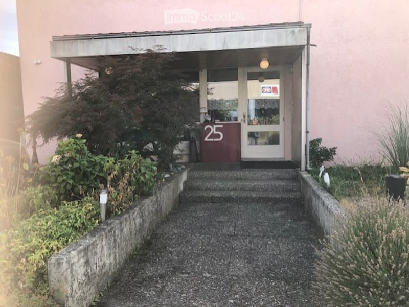 Entrance to a building with a small staircase leading to a double door, number 25 displayed on a red sign, surrounded by low shrubs and plants.