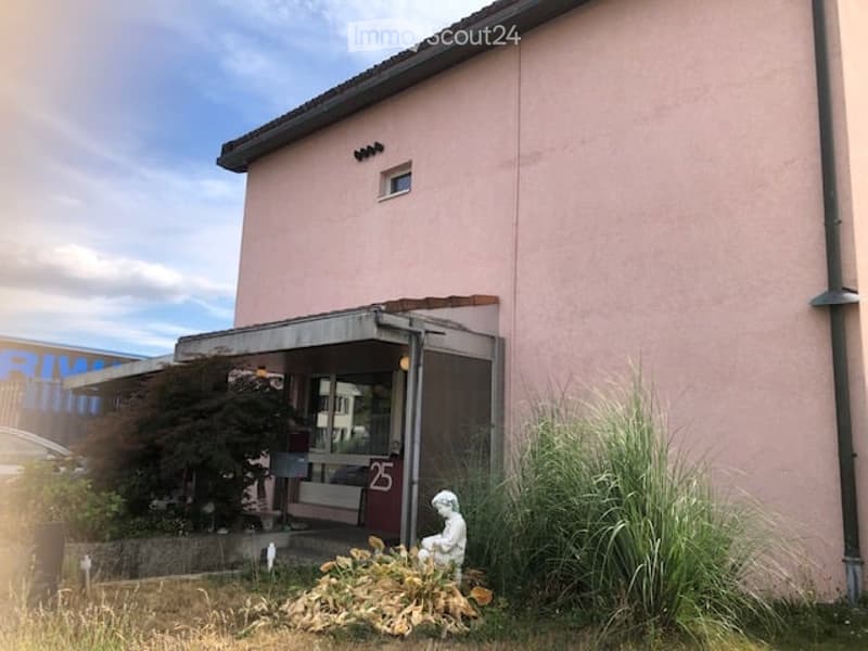 Pink single-story building with a small entrance area, a small window, and a small garden with a statue and plants.
